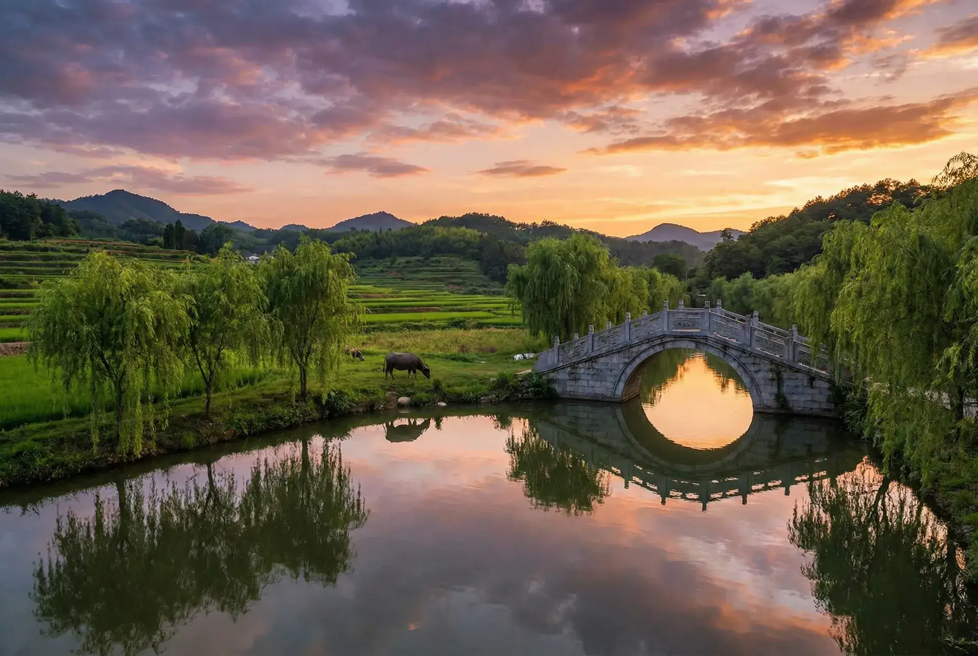 夕阳下的石拱桥与垂柳，水牛在河边吃草 - 美国十次唐人社快播 乡村美景